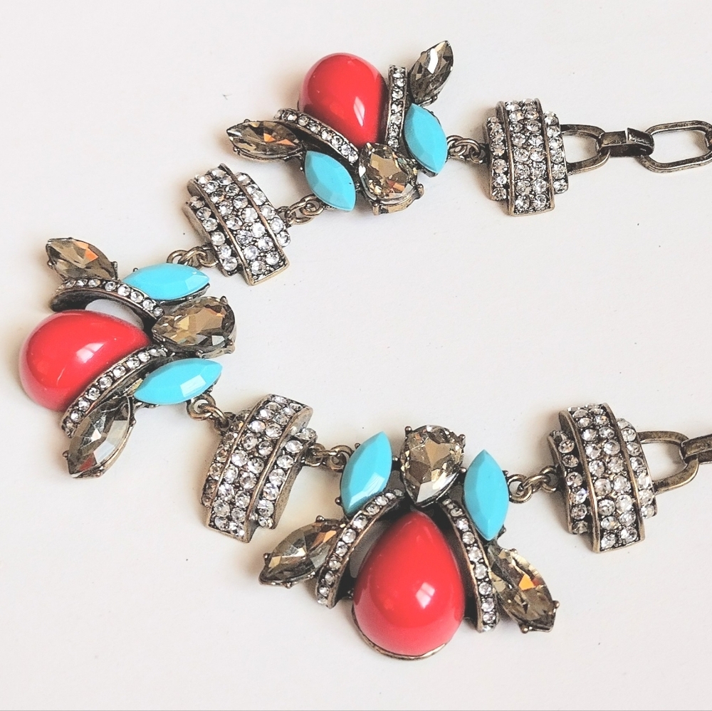 ❤️ J Crew Red Turquoise Bubble Bee Rhinestone Statement Bib Collar Necklace - Picture 5 of 6
